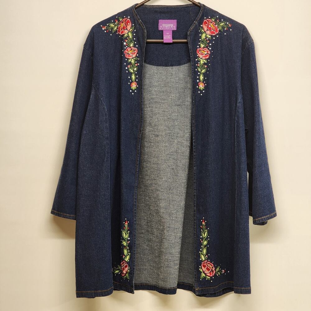 Suzanne Somers Collection Blue Jean Jacket Size 1X Embroidered Floral Rhinestone - Picture 9 of 12